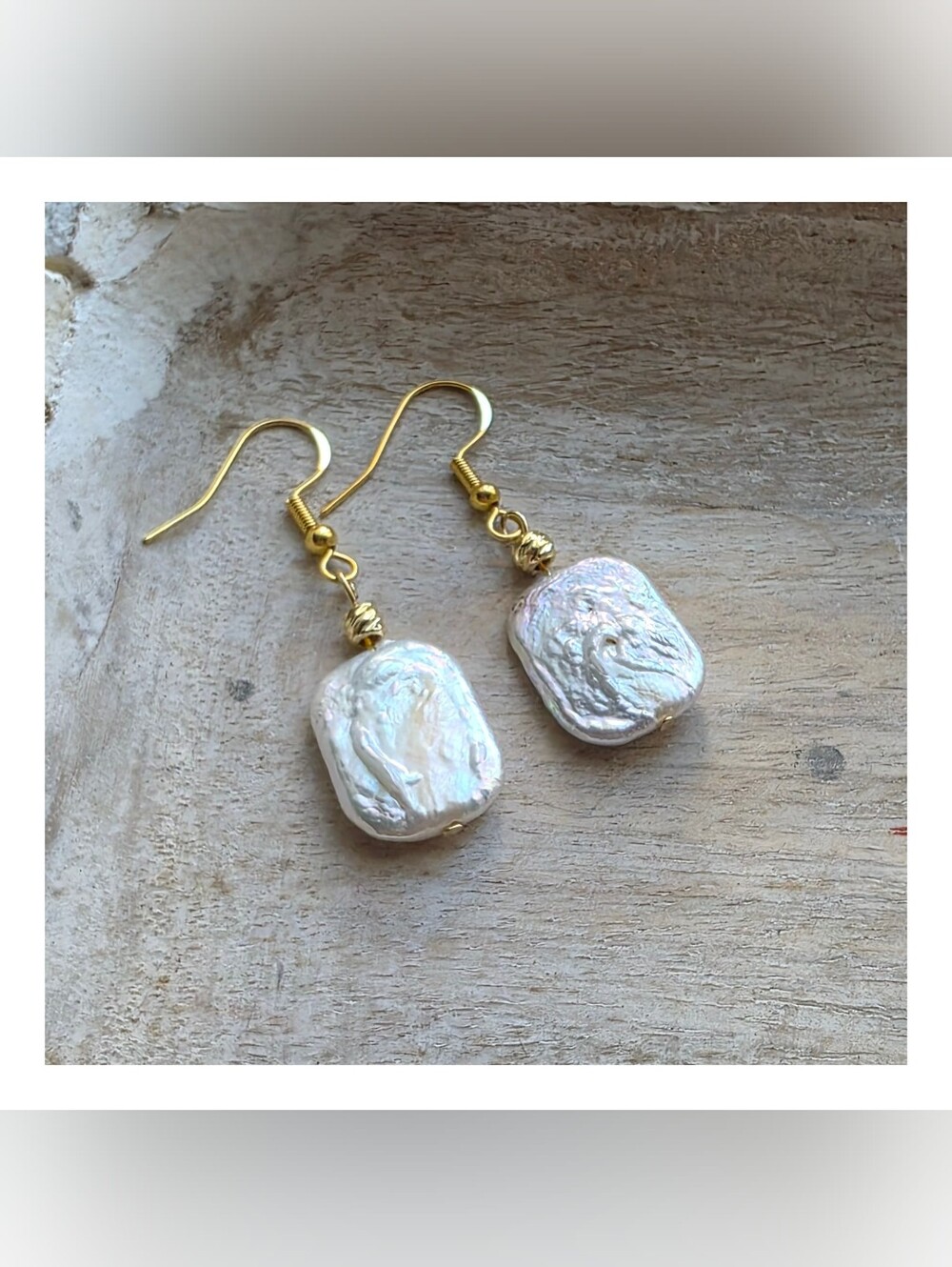Gold Baroque Freshwater Pearl Drop Earrings | Natural Rectangular Pearl | NWOT